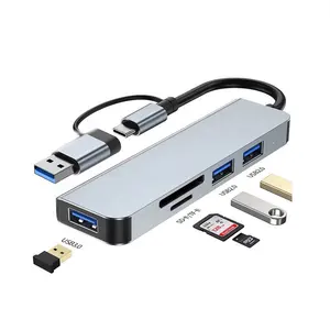 알루미늄 5 in 1 확장 도크 USB C 허브 PC 허브 USB 허브 USB3.0 분배기 유형 C 어댑터 PC 노트북 용 듀얼 포트 카드 판독기