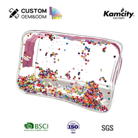 Pochette cosmétique scintillante transparente en PVC, trousse de maquillage étanche, pochette à confettis et sable mouvant, étui de toilette de voyage étincelant pour femmes