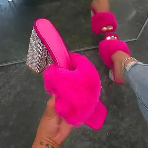 Sandalias de piel con diamantes de imitación para mujer, zapatos de tacón alto con punta cuadrada, sin cordones, nuevo diseño, 2021
