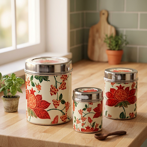 Classic Floral Printed Stainless steel Food Containers Airtight Round <b>Storage</b> <b>Jars</b> <b>for</b> <b>Kitchen</b> Use 1-3L Capacity - Product Image 4