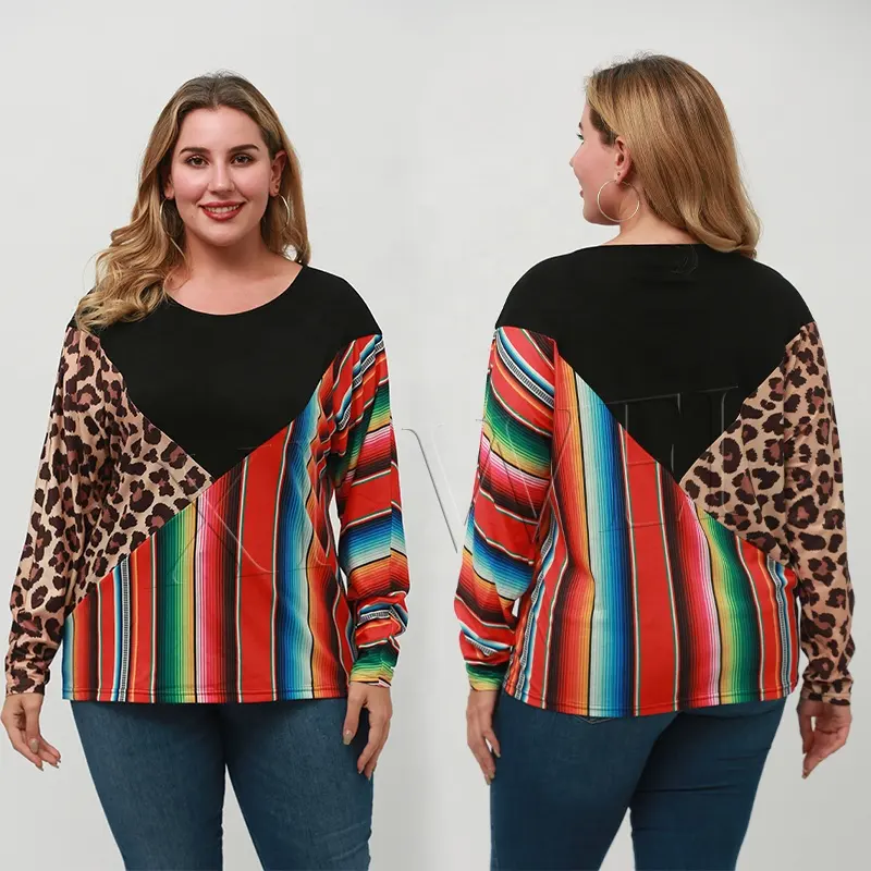 2021 fall new fat women striped tops leopard print patchwork casual long sleeve plus size women's t-shirt