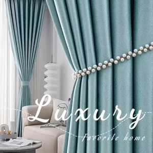 Haze Blue Deluxe Blackout Curtains New Trend Linen Grain 100% Blackout Curtain Fabric For Home For Hotel