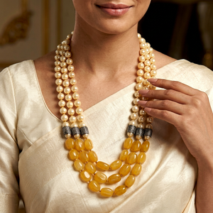Luxury 3 Layer Pearl & Yellow Jade <b>Beaded</b> <b>Necklace</b> Handmade Gold Plated Statement Gemstone <b>Necklace</b> for Women Wedding - Product Image 1
