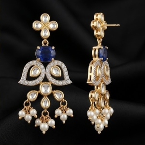 Flower Design Luxury925 Silver <b>Necklace</b> Earrings Set for Women Blue Gemstone Pearls Kundan Work Traditional Indian Jewelry - Product Image 2