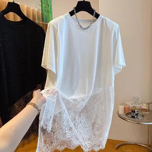 <span class=keywords><strong>Camiseta</strong></span> de <span class=keywords><strong>Mujer</strong></span> <span class=keywords><strong>con</strong></span> Dobladillo de Encaje en Contraste, Vestido Casual <span class=keywords><strong>con</strong></span> Dobladillo Asimétrico y Detalle de Brillo, Moda Sehe - Product Image 1