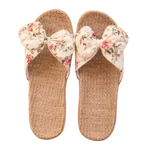 Beautiful breathable bowknot linen flax ladies shoes flat classy slippers for women