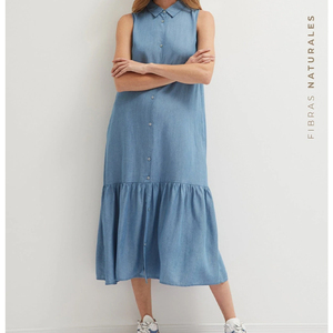 <span class=keywords><strong>2022</strong></span> <span class=keywords><strong>verano</strong></span> sin mangas mujeres <span class=keywords><strong>vestidos</strong></span> casuales pantalones <span class=keywords><strong>vaqueros</strong></span> largos vestido Midi cuello extendido botón frontal aunque volante dobladillo vestido de mezclilla - Product Image 2