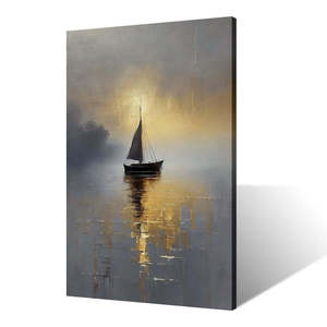 Stampa su Tela 18*24" Paesaggio Dorato Minimalista e Sereno con Riflessi di <span class=keywords><strong>Lago</strong></span> e Barca a Vela, Decorazione Moderna da Parete per <span class=keywords><strong>Soggiorno</strong></span> - Product Image 1