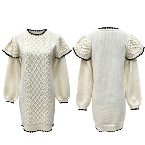 Abito Mini in Maglia <span class=keywords><strong>da</strong></span> Donna Nero con Lavorazione a Treccia, Bordo Ondulato e Spalle con Volant a Sbuffo - Maglieria all'Ingrosso - Product Image 4