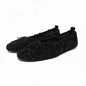 High quality black lamb fur flat casual shoes 2024 bow tie ladies round toe pu outsole flats