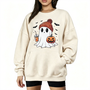 Sweat-shirts en molleton surdimensionnés pour femmes, imprimés fantômes et citrouilles mignons pour Halloween, vente en gros, hauts à manches longues et col rond pour l'hiver et l'automne - Product Image 3