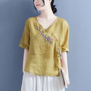 Women's Cotton Linen Blouse Blue Embroidered Floral Wrap Top Short Sleeve Everyday Wear - Product Image 2
