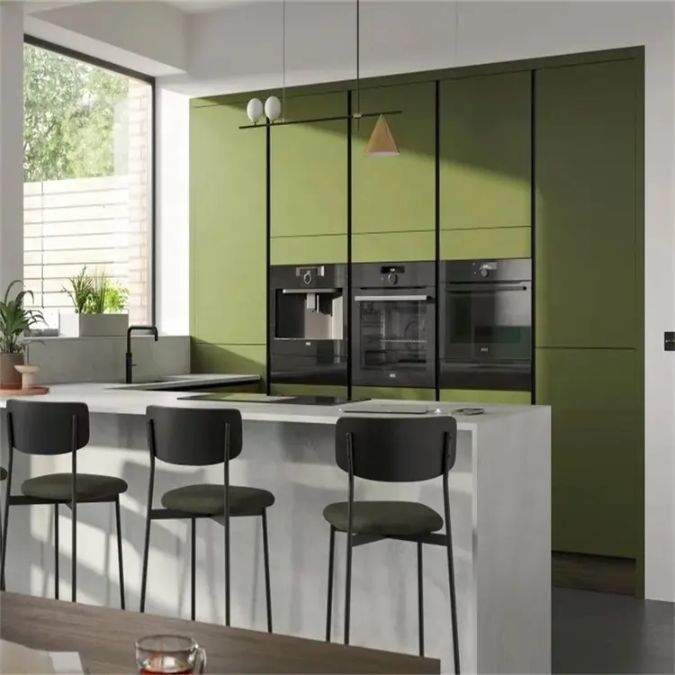 Armoire de cuisine en aluminium laqué vert mat armoire murale îlot en quartz à angle droit