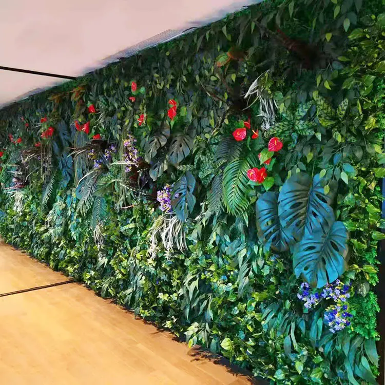 Greenwall,Wholesale Interior Indoor Backdrop Fake Grass Foliage Plant Wall Monstera Leaf Tropical Artificial Green Wall