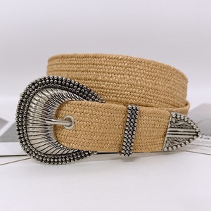 Ceinture élastique bohème en raphia pour femme, ceinture vintage en paille tressée avec grande boucle métallique sculptée, bande extensible pour robe ou corset - Product Image 1