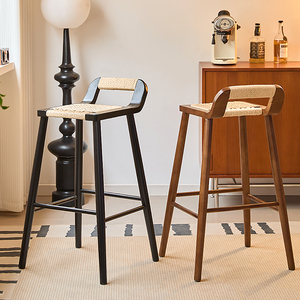 Taburetes de Bar de Madera Maciza con Asiento de Ratán, 45 cm de Altura, Duraderos, No Giratorios, No Plegables, Silla para Isla de Cocina o Barra - Product Image 2