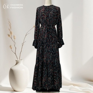 6434# Fashion Floral Flare Chiffon Abaya Dress Long Sleeve Elegant Women's A-line Dresses With Full Lining - Product Image 3