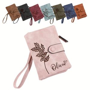 Custom Engraved <b>Name</b> Classic Wallet Birth Flower PU Leather Wristlet Strap Purse <b>Card</b> Holder <b>Wedding</b> Favors Gift - Product Image 1