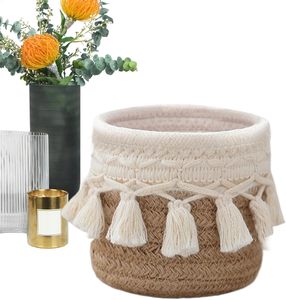 Panier de rangement en <span class=keywords><strong>corde</strong></span> de coton bicolore, petit organisateur tissé en macramé avec franges pour la chambre de bébé, le bureau, les articles divers et les outils de maquillage - Product Image 4