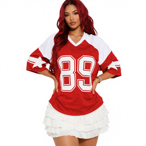 T-shirt en jersey à col en V pour femmes grandes tailles, rouge et blanc, numéro 89, style décontracté à manches trois quarts - Product Image 5