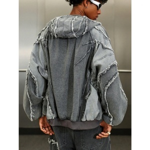 Sudadera con capucha de cremallera completa, estilo streetwear, con efecto denim, patchwork, de 400 gramos, extragrande, con efecto desgastado, personalizada. - Product Image 4