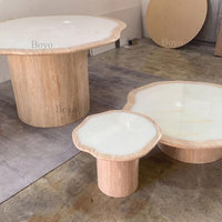 Table basse moderne en travertin avec plateau en onyx blanc, ensemble de tables basses de luxe en marbre moderne