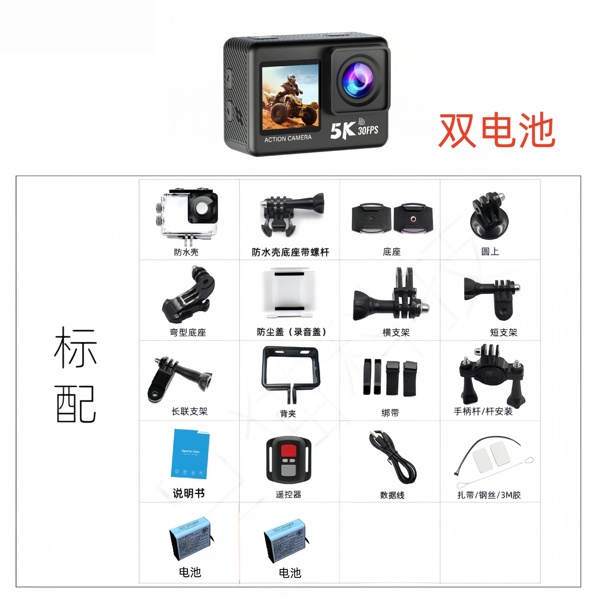 Standard configuration (dual batteries, camera will not work without a memory card).