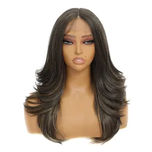 22 Inch Long Body Wave Heat Resistant Synthetic Hair Ombre Colored Wigs Middle Part Natural Loose Wave Lace Lront Wigs For Women