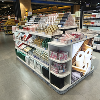 Estantes Modernos para Exhibición de Cosméticos en Supermercados con Esquina Curva en Forma de L y Caja de Luz Lateral para Tienda de Cosméticos