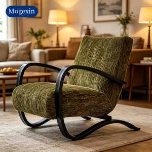 Fauteuil d'appoint élégant en tissu vert avec structure en bois massif courbé, fauteuil simple pour salon et bureau - Product Image 2