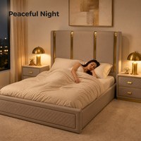 Luxuriöses Polsterbett-Set mit 2 Nachttischen, Diamant-Steppung, Goldakzent-Kopfteil, Schubladenspeicher, Graue Schlafzimmermöbel