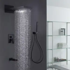 全铜黑色瀑布隐藏式淋浴淋浴套装冷热浴室成壁式淋浴跨境贸易