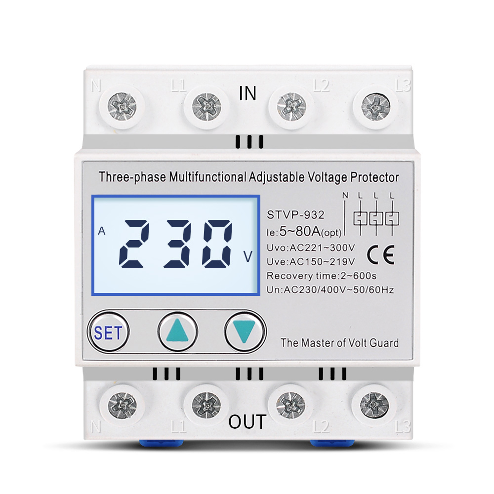DIN Rail Adjustable AC 380V 3 Phase Over and Under Voltage Protector