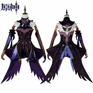 Fischl Anime Cosplay Kostüm und gelbe Perücke Spiel Genshin Impact Lila Outfits Mädchen Kleid Uniformen für Halloween Karneval Party