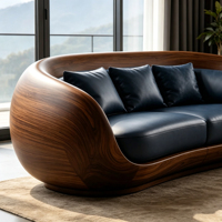 Canapé trois places en cuir bleu foncé, structure en fibre de verre, placage bois, coque enveloppante arrondie, design artistique de luxe pour salon