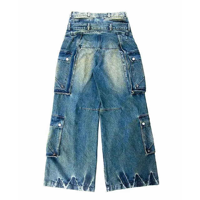 Pantalons de détresse personnalisés pour l'artisanat lourd multi-poches jeans baggy délavés vintage pour hommes