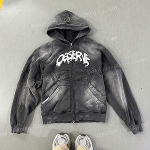 Sudadera con capucha de algodón de 450 g/m² de alta calidad estilo streetwear vintage, con efecto desgastado por el sol, patchwork, lavado ácido, bajo sin rematar y cremallera para hombre - Product Image 1