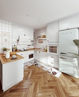 Meubles de cuisine modulaires Lesso Home pour appartement, modernes, carrés, en acrylique, bois et verre, avec charnières à fermeture douce, robinet et poignées intégrées