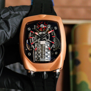 Reloj Mecánico de Lujo con Caja en Forma de Barril en Oro Rosa, Correa de Goma Negra Flexible y Agradable al Tacto, Reloj Deportivo de Carreras para Hombre - Product Image 1