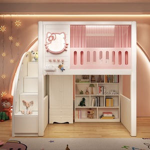 Lit mezzanine moderne JS rose en forme de chat pour enfants avec escalier, armoire de rangement et penderie à 2 portes, garde-corps haut pour chambre de filles - Product Image 1