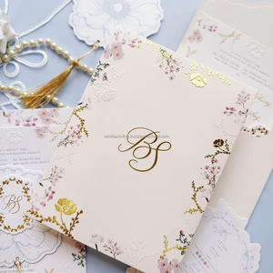 Cartes d'invitation de mariage personnalisées sculptées en relief avec un design personnalisé, papier coton, estampage à chaud dorée - Product Image 3