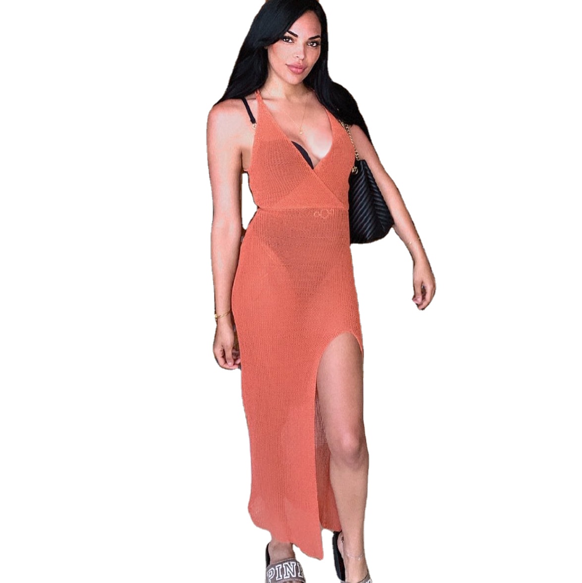 Vestido largo playero de mujer cuello redondo y manga larga JUN #Rojo  Vestidos de fiesta de noche largo Vestido casual rocic.com