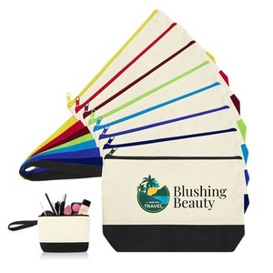 Sac de toilette portable pliable en toile de coton à motif lettres bicolore avec fermeture éclair contrastante et dragonne – Grande Vente - Product Image 1