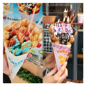 Custom logo disposable ice cream holder takeaway french fries paper cone crepes bubble waffle packaging take out churros holders