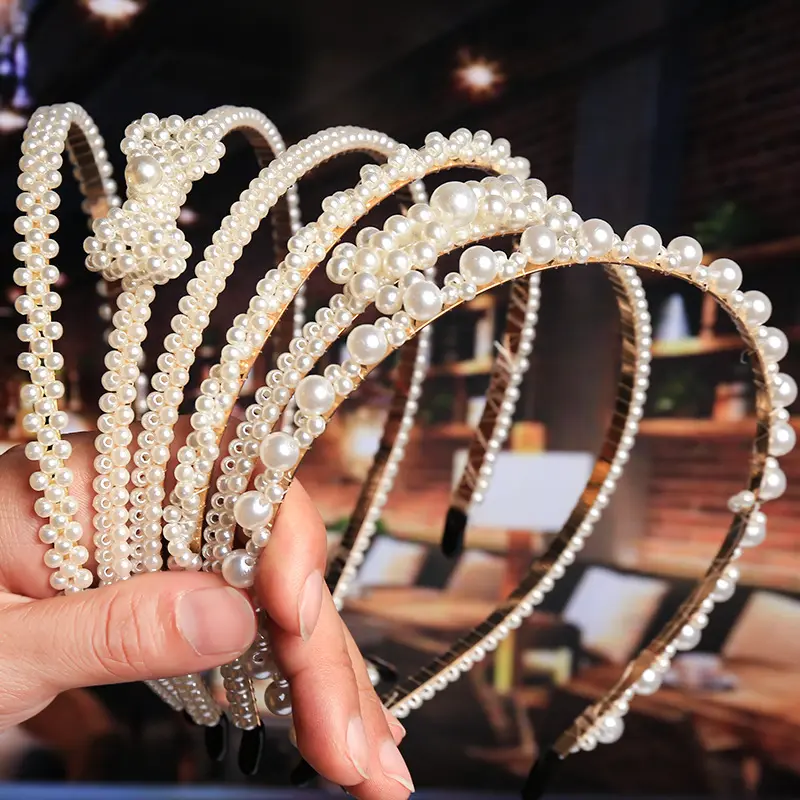 Sıcak kız moda inci Hairband tasarımları kafa bandı kadın saç aksesuarları için düğün takısı