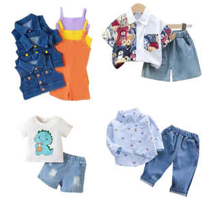 Tenues d'été pour enfants fabriquées en Chine, ensembles de vêtements en coton avec t-shirt, jupe en jean, pantalon et débardeur pour filles et garçons - Product Image 4