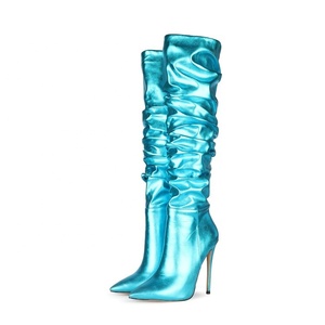 Oro Metallo di Disegno Superiore Delle Donne Sopra Il <span class=keywords><strong>Ginocchio</strong></span> di Alta Boot Coscia Alta Pile Up <span class=keywords><strong>Stivali</strong></span> per Le Donne Dello Stiletto Alti Talloni lunghi stivaletti - Product Image 1