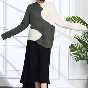 Suéteres de lana informales para mujer personalizados Colorblock Patchwork diseño cuello manga larga invierno otoño moda camisa de punto suelta - Product Image 5