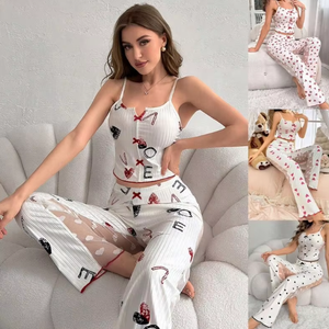 Nouvelle tendance Ensemble pyjama haut de gamme 2 pièces Motifs imprimés Pantalons longs Vêtements décontractés Pyjamas - Product Image 4