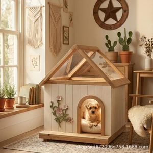 Nouvelle niche pour animaux de compagnie en bois miniature pour intérieur, avec toit translucide et design sculpté à la main, adaptée aux chats et aux chiens. - Product Image 1